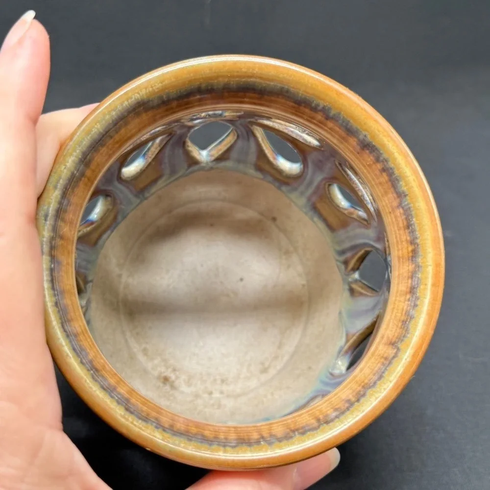Studio Pottery Signed Drip Glaze Cutout Stoneware Candle Holder Lantern